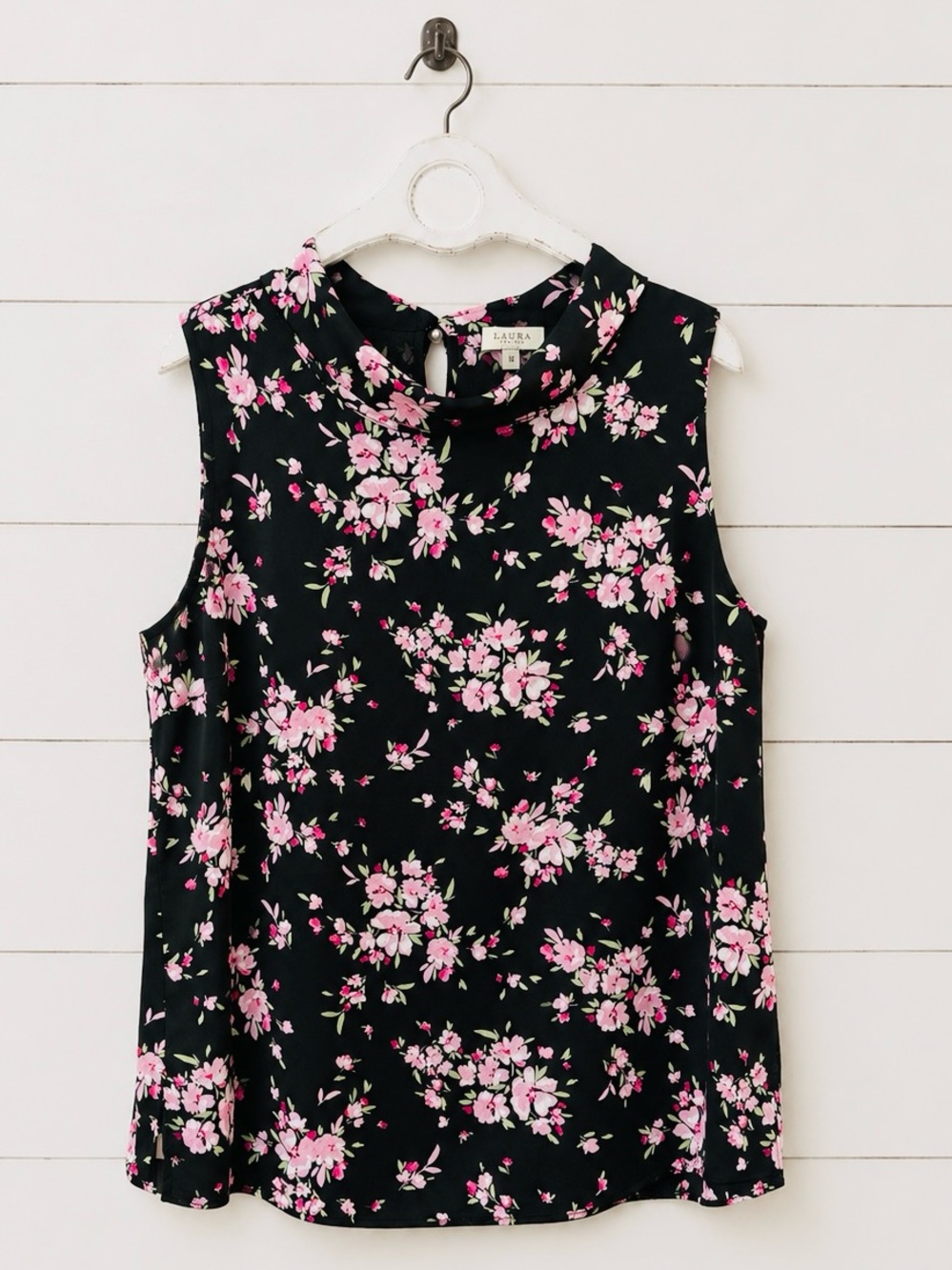 Laura Floral Sleeveless Mock Neck Top - Black with Pink Blossoms